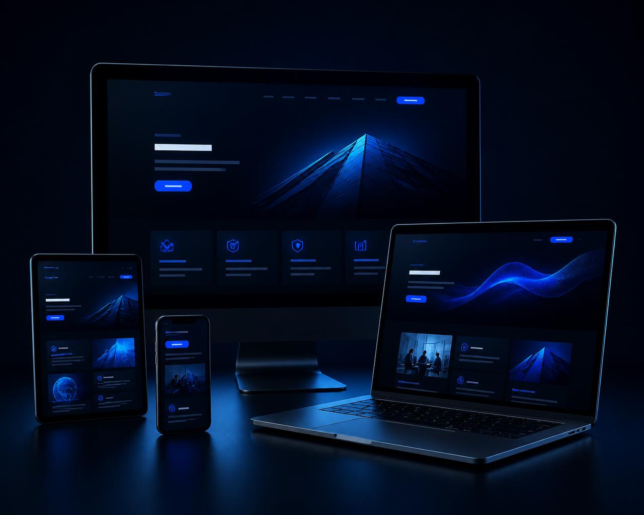 A premium business website displayed on a desktop monitor, laptop, tablet, and smartphone