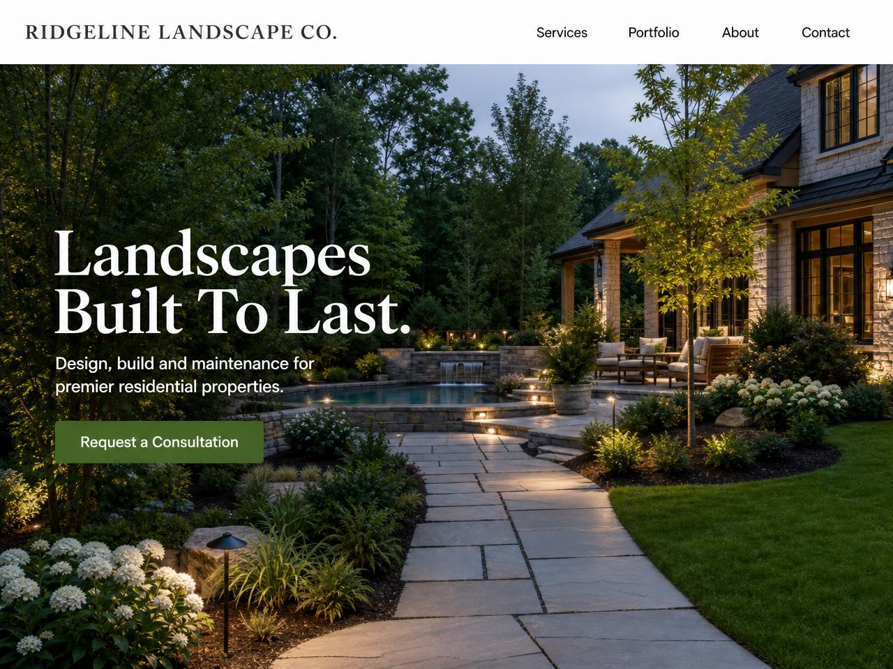 Ridgeline Landscape Co. website design shown on a desktop display